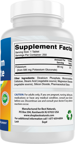 Best Naturals Potassium Gluconate 595 mg 250 Tablets