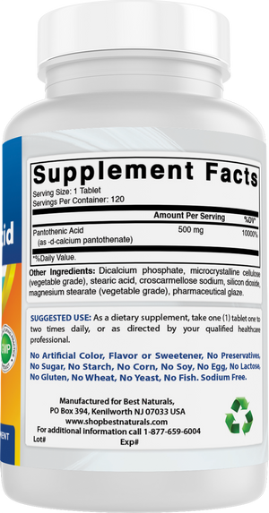 Best Naturals Pantothenic Acid 500 mg 120 Tablets