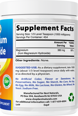 Best Naturals Magnesium Hydroxide Powder - 380mg of Elemental Magnesium per Serving - 454 Servings per Cotainer - 1 Pound