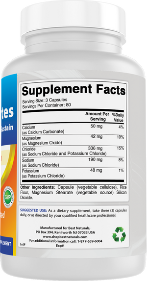 Best Naturals Electrolytes Hydrate-Balance- Sustain Premium Formula 240 Capsules. Gluten Free and Non-GMO.