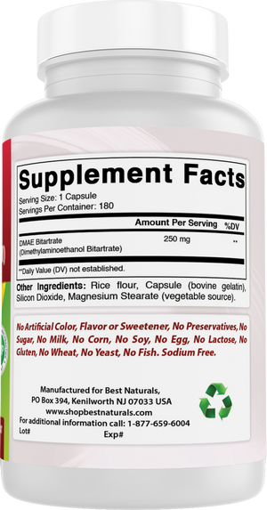 Best Naturals DMAE Supplement 250 mg 180 Capsules - Dimethylaminoethanol Bitartrate