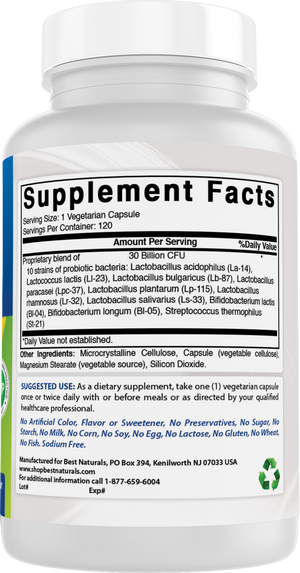 Best Naturals Probiotic 10 Strains & 30 Billion CFU's 120 Vegetarian Capsules