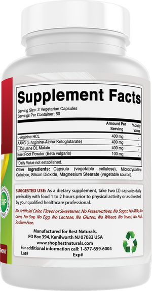 Best Naturals L-Arginine NO BOOSTER 1300 mg 120 Vegetarian Capsules