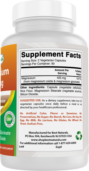 Best Naturals Magnesium Glycinate 425 mg 180 Vegetarian Capsules