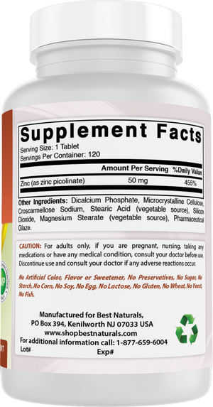 Best Naturals Zinc 50mg Supplements (as Zinc Picolinate) - Zinc Vitamins for Adults Immune Support - 120 Tablets
