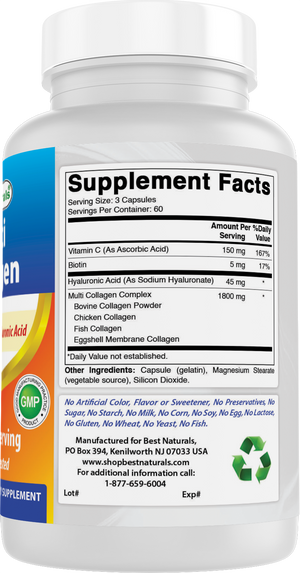 Best Naturals Multi Collagen Pills 2000mg for Women & Men - Hydrolyzed Collagen Peptides Capsules for Hair Skin and Nails with Types I II III V X, Biotin, Hyaluronic Acid & Vitamin C