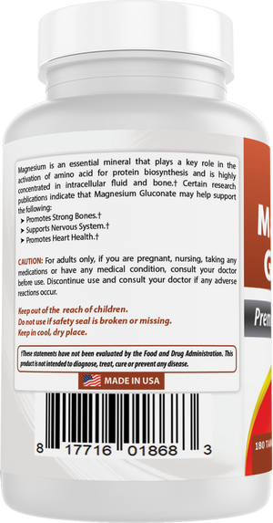 Best Naturals Magnesium Gluconate (35 mg Elemental Magnesium from 600mg of Magnesium Gluconate) 180 Tablets