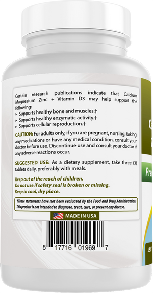 Best Naturals Calcium Magnesium Zinc with Vitamin D3, 150 Tablets - Calcium 1000 mg, Magnesium 400 mg, Zinc 25 mg & D3 600 IU per Serving (3 Tablets)