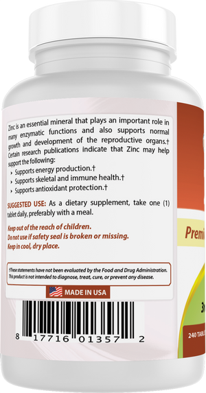 Best Naturals Zinc Supplement as Zinc Gluconate 50mg 240 Tablets