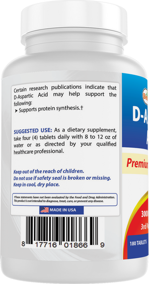 Best Naturals D Aspartic Acid (DAA) 3000mg per Serving - Non-GMO & Gluten Free - 180 Tablets