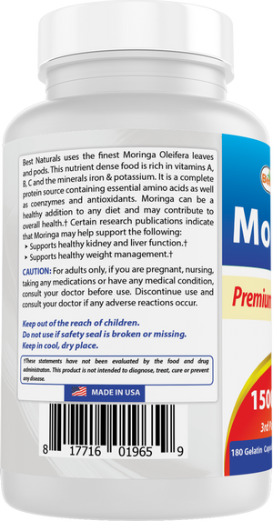 Best Naturals Moringa 15000 mg Equivalent per Serving - 180 Capsules - Superfood Nutrients for Healthy Wellbeing