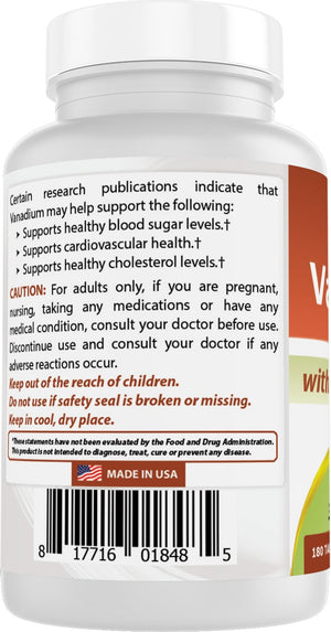 Best Naturals Vanadium 2 mg with Chromium Polynicotinate 200 mcg - Helps Maintain Healthy Blood Sugar Levels - 180 Tablets