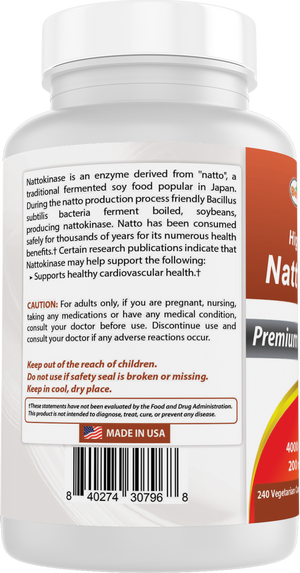 Best Naturals High Potency Nattokinase 4000 FU Per Serving/ 200 mg per Serving, 240 Vegetarain Capsules. Non-GMO, Gluten Free.