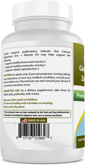 Best Naturals Calcium Magnesium Zinc with Vitamin D3, 150 Tablets - Calcium 1000 mg, Magnesium 400 mg, Zinc 25 mg & D3 600 IU per Serving (3 Tablets)