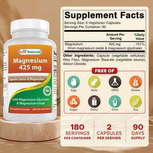 Best Naturals Magnesium Glycinate 425 mg 180 Vegetarian Capsules