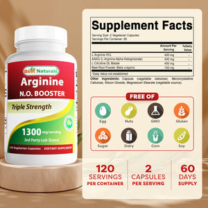 Best Naturals L-Arginine NO BOOSTER 1300 mg 120 Vegetarian Capsules