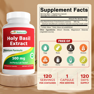 Best Naturals Holy Basil Extract 500 mg 120 Vegetarian Capsules