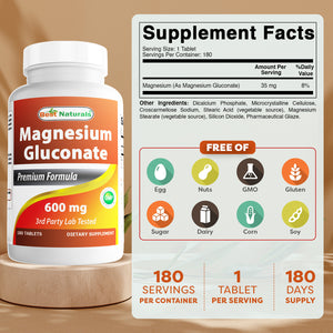 Best Naturals Magnesium Gluconate (35 mg Elemental Magnesium from 600mg of Magnesium Gluconate) 180 Tablets