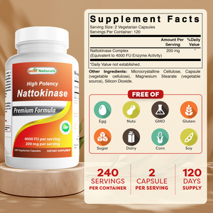 Best Naturals High Potency Nattokinase 4000 FU Per Serving/ 200 mg per Serving, 240 Vegetarain Capsules. Non-GMO, Gluten Free.