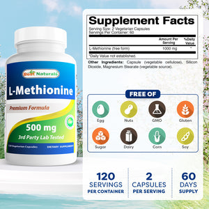 Best Naturals L-Methionine 500 mg 120 Veggie Capsules