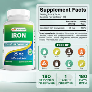 Best Naturals Iron Supplement (Iron Bisglycinate) - 25mg - 180 Tablets - Gentle of Stomach - Non-Constipating