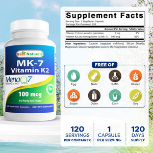 Best Naturals MK-7 Vitamin K2 100 mcg 120 Vegetarian Capsules