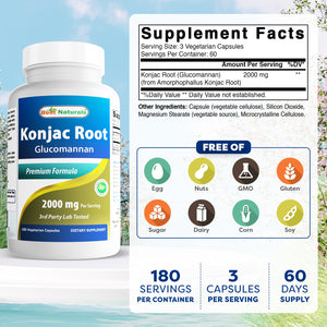Best Naturals Konjac Root Glucomannan 2000 mg 180 Vegetarian Capsules