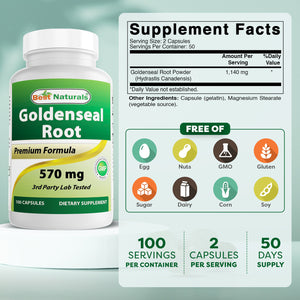 Best Naturals Goldenseal Root 570 mg 100 Capsules