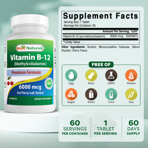 Best Naturals Vitamin B-12 as Methylcobalamin (Methyl B12), 6000 mcg Tablet, 60 Count