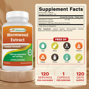 Best Naturals Wormwood Extract 1500 mg Equaivalent Per Serving-120 Capsules. Gluten Free, Non-GMO