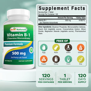 Best Naturals Vitamin B1 as Thiamine Mononitrate 500 mg 120 Tablets