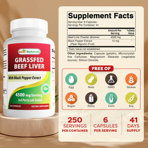 Best Naturals Grass Fed Beef Liver Capsules 4500mg 250 Count