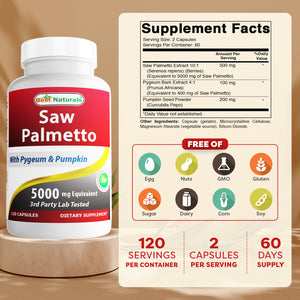 Best Naturals Saw Palmetto 10:1 Extract Prostate Supplements for Men - 120 Capsules - Made with Pygeum Bark 4:1 Extract & Pumpkin Seed Powder