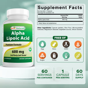 Best Naturals Alpha Lipoic Acid 600 mg 60 Capsules