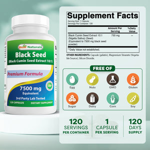 Best Naturals Black Seed (Black Cumin Seed Extract 10:1) 7500 mg Equivalent- 120 Capsules