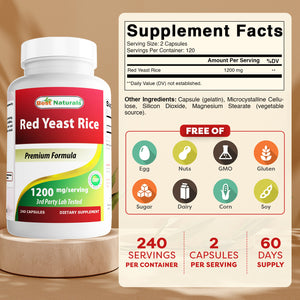 Best Naturals Red Yeast Rice 1200mg Per Serving 240 Capsules - Premium Formula - 3rd Party Lab Tested