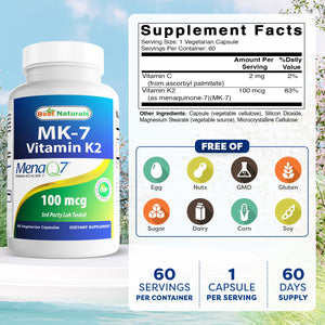 Best Naturals MK-7 Vitamin K2 100 mcg 60 Vegetarian Capsules
