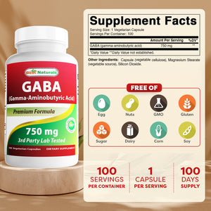 Best Naturals Gaba 750 mg 100 Vegetarian Capsules
