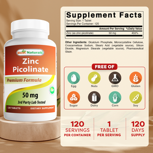 Best Naturals Zinc 50mg Supplements (as Zinc Picolinate) - Zinc Vitamins for Adults Immune Support - 120 Tablets