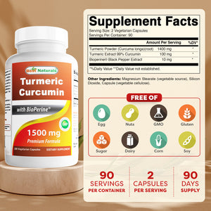 Best Naturals Turmeric Curcumin 1500mg/Serving with BioPerine - 180 Vegetarian Capsules