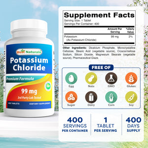 Best Naturals Potassium Chloride Supplement 99mg 400 Tablets - 3rd Party Lab Tested