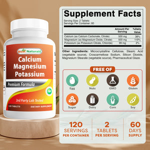 Best Naturals Calcium Magnesium Potassium - 120 Tablets - Non-GMO & Gluten Free