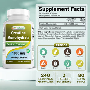 Best Naturals Creatine Monohydrate 1000 mg 240 Tablets
