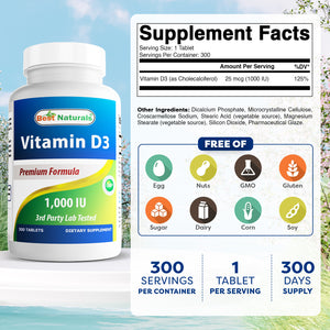 Best Naturals Vitamin D3 – 300 Tablets – Made in USA, Non-GMO, Gluten Free, No Artificial Color, Flavor or Preservatives – Dietary Supplement (1000 IU)
