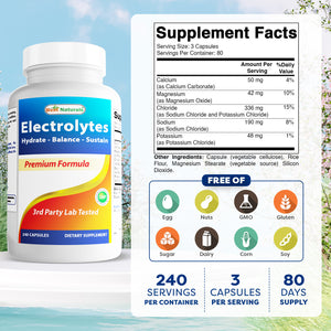 Best Naturals Electrolytes Hydrate-Balance- Sustain Premium Formula 240 Capsules. Gluten Free and Non-GMO.