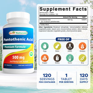 Best Naturals Pantothenic Acid 500 mg 120 Tablets