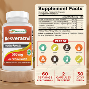 Best Naturals Resveratrol 500 mg/Serving 60 Vegetarian Capsules