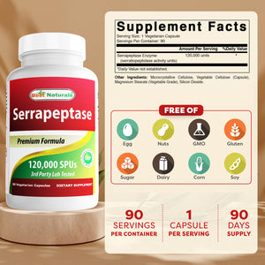 Best Naturals Serrapeptase 120000 SPUs 90 Vegetarain Capsules - Supports Sinus Health