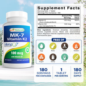Best Naturals Vitamin K2 (MK7) with D3 (5000 IU Vitamin D3 & 100 mcg Vitamin K2 MK7), 180 Tablets