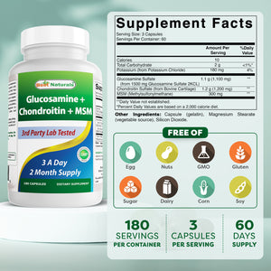 Best Naturals Glucosamine Chondroitin MSM Supplements, 2600 mg per Serving, 180 Capsules